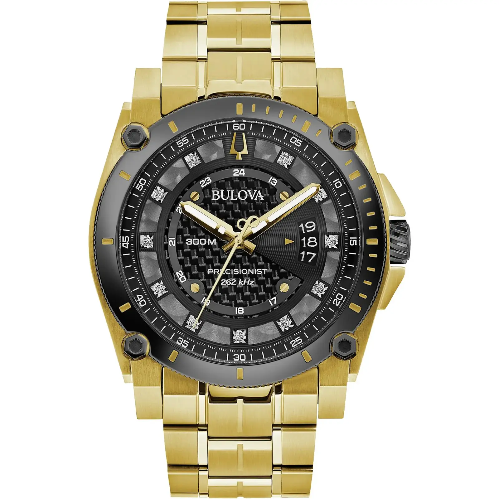 Bulova 98D156 Men's Precisionist Gold Bracelet with Black Dial & Diamonds