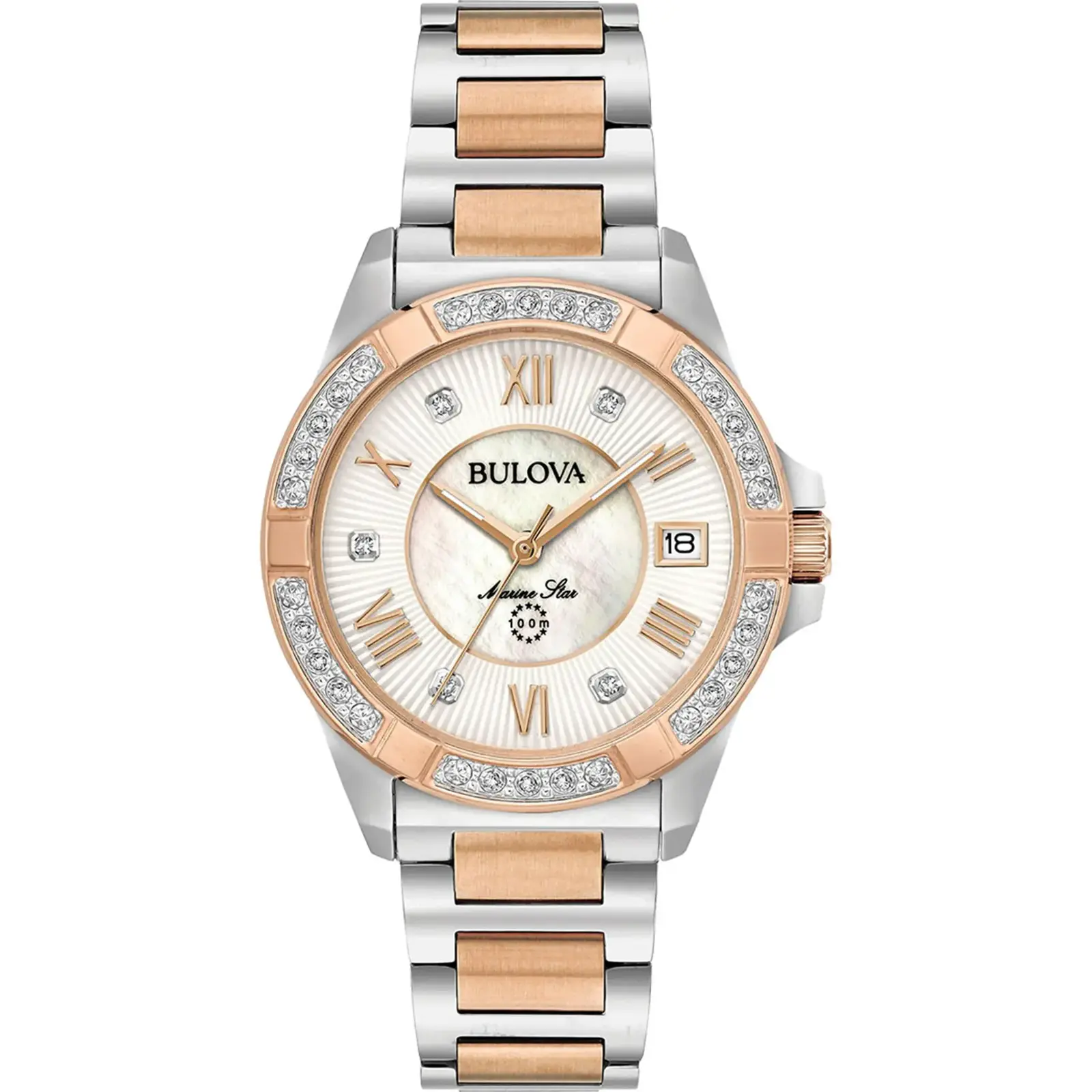 Bulova 98R234 Women's Marine Star Diamond White MOP Dial Two Tone Rose Gold Steel Watch