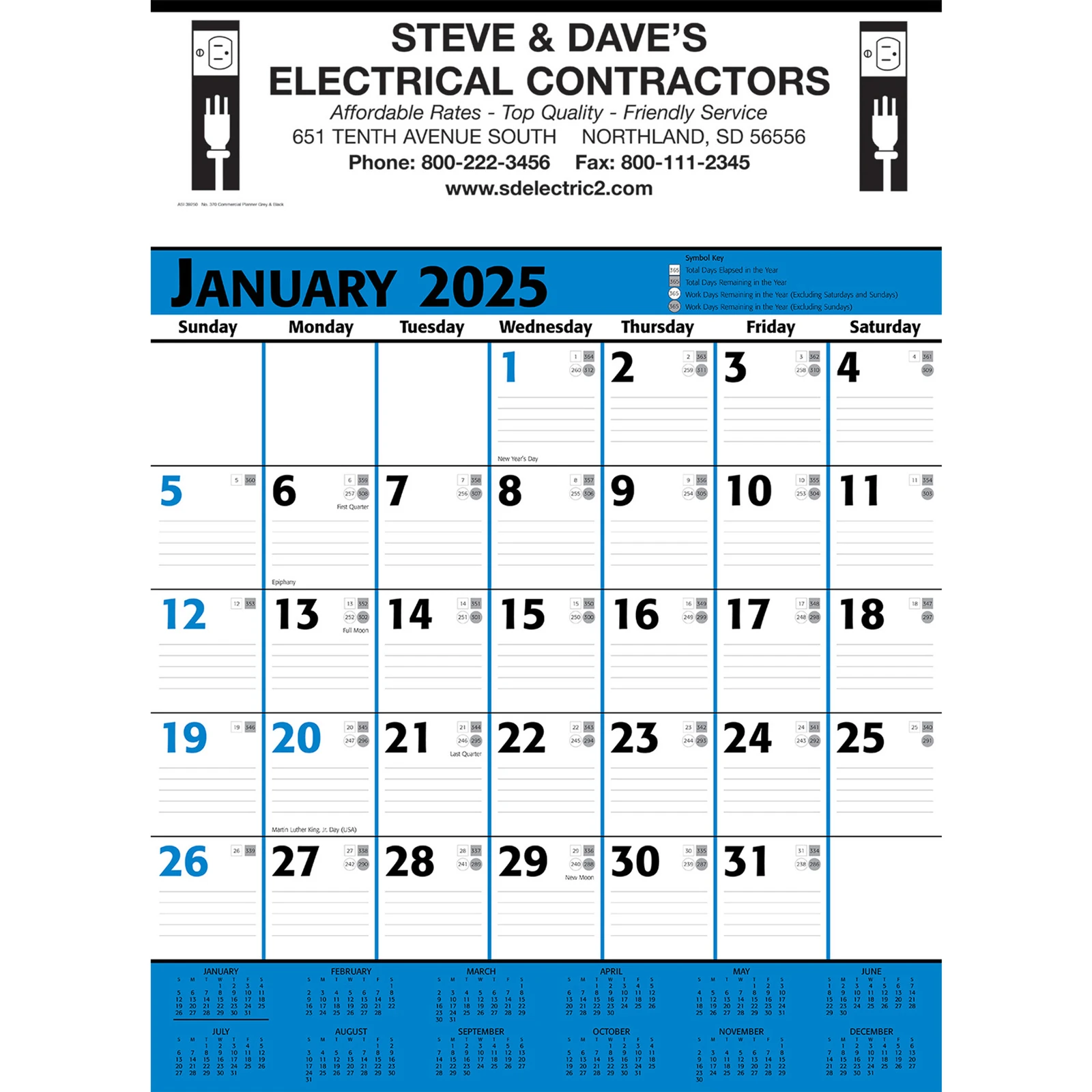 Commercial Planner Wall Calendar: Blue & Black 2025, 1 Color Imprint