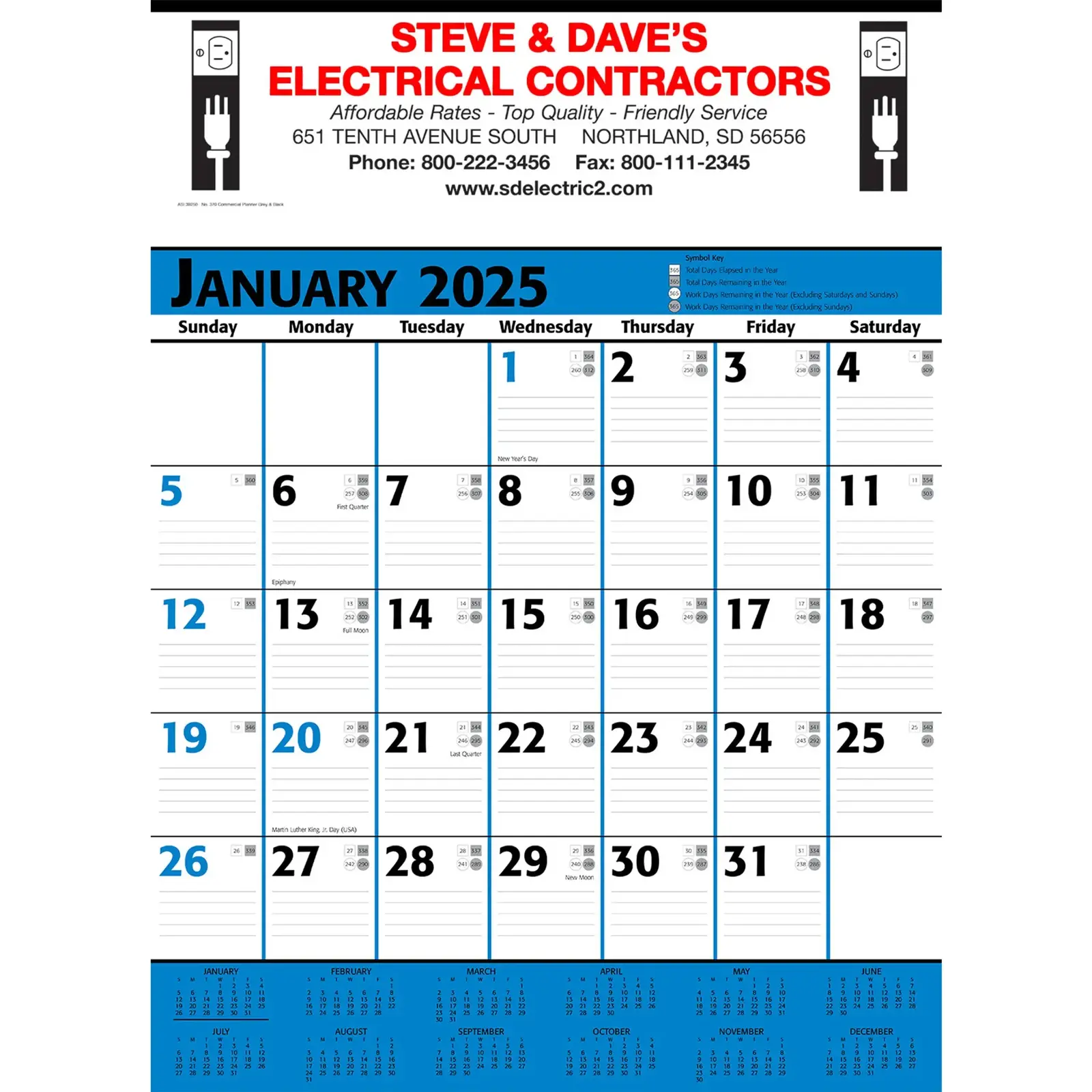 Commercial Planner Wall Calendar: Blue & Black 2025, 2+ Imprint Colors