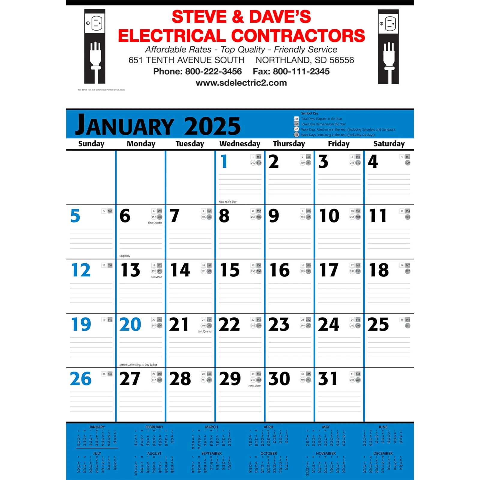 Commercial Planner Wall Calendar: Blue & Black 2025, 2+ Imprint Colors