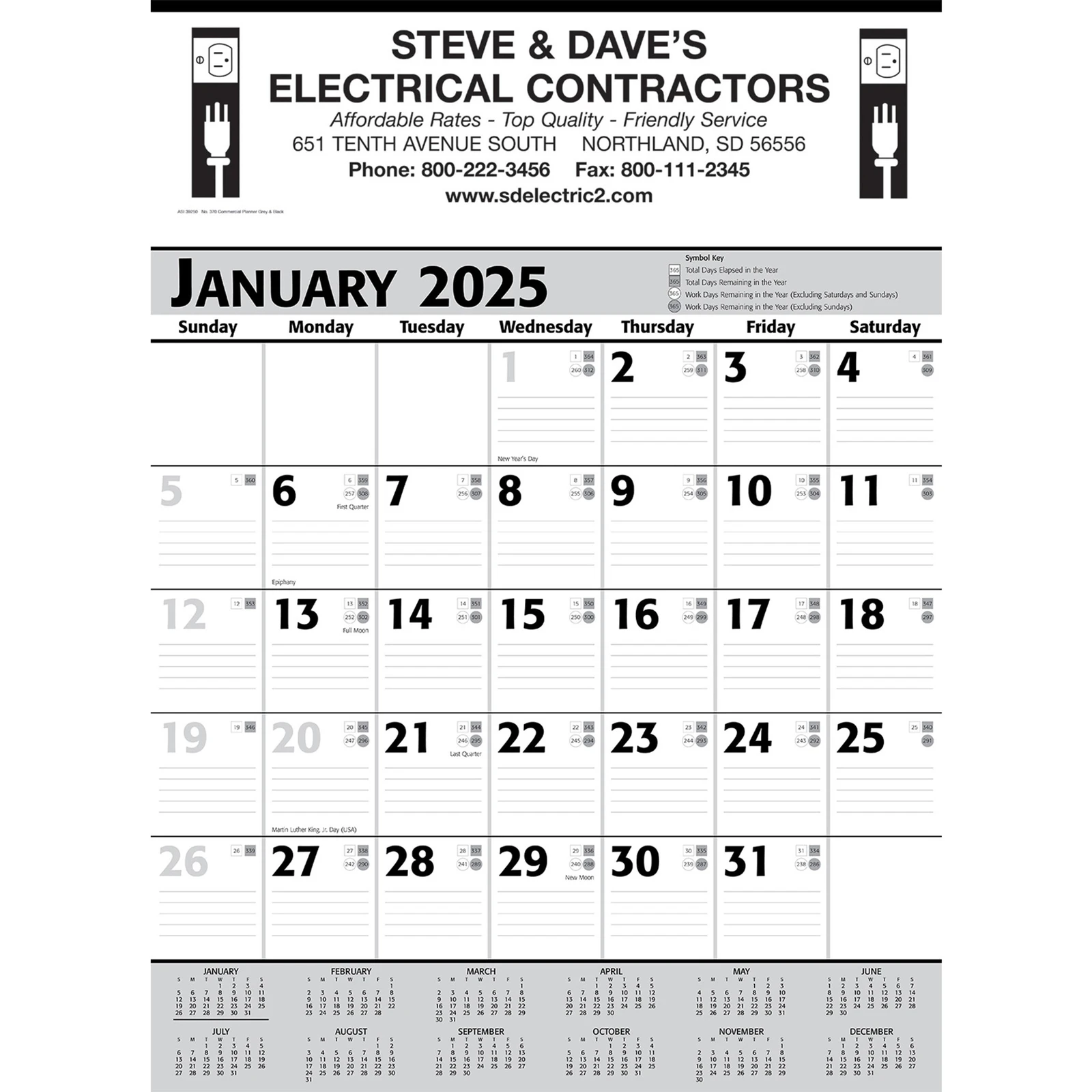 Commercial Planner Wall Calendar: Grey & Black 2025, 1 Color Imprint