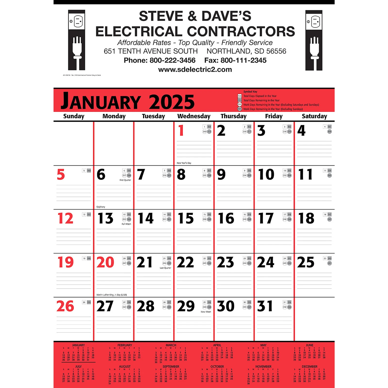 Commercial Planner Wall Calendar: Red & Black 2025, 1 Color Imprint