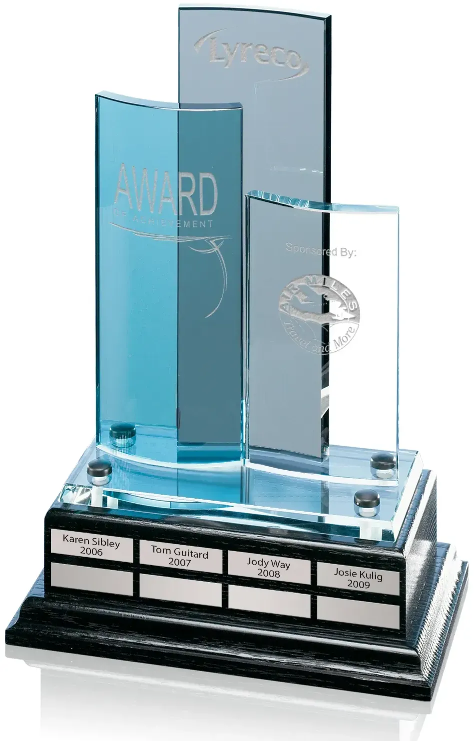 Starfire Teal Grey Glass Darby Trophy with Custom Logo on Brushed Aluminum & Oak Base