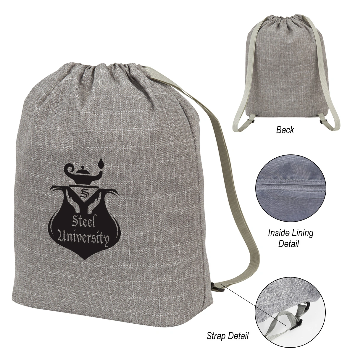 Gray Cinch Backpack w/ Zippered Pocket, Adjustable Shoulder Straps for Hiking, Travelling