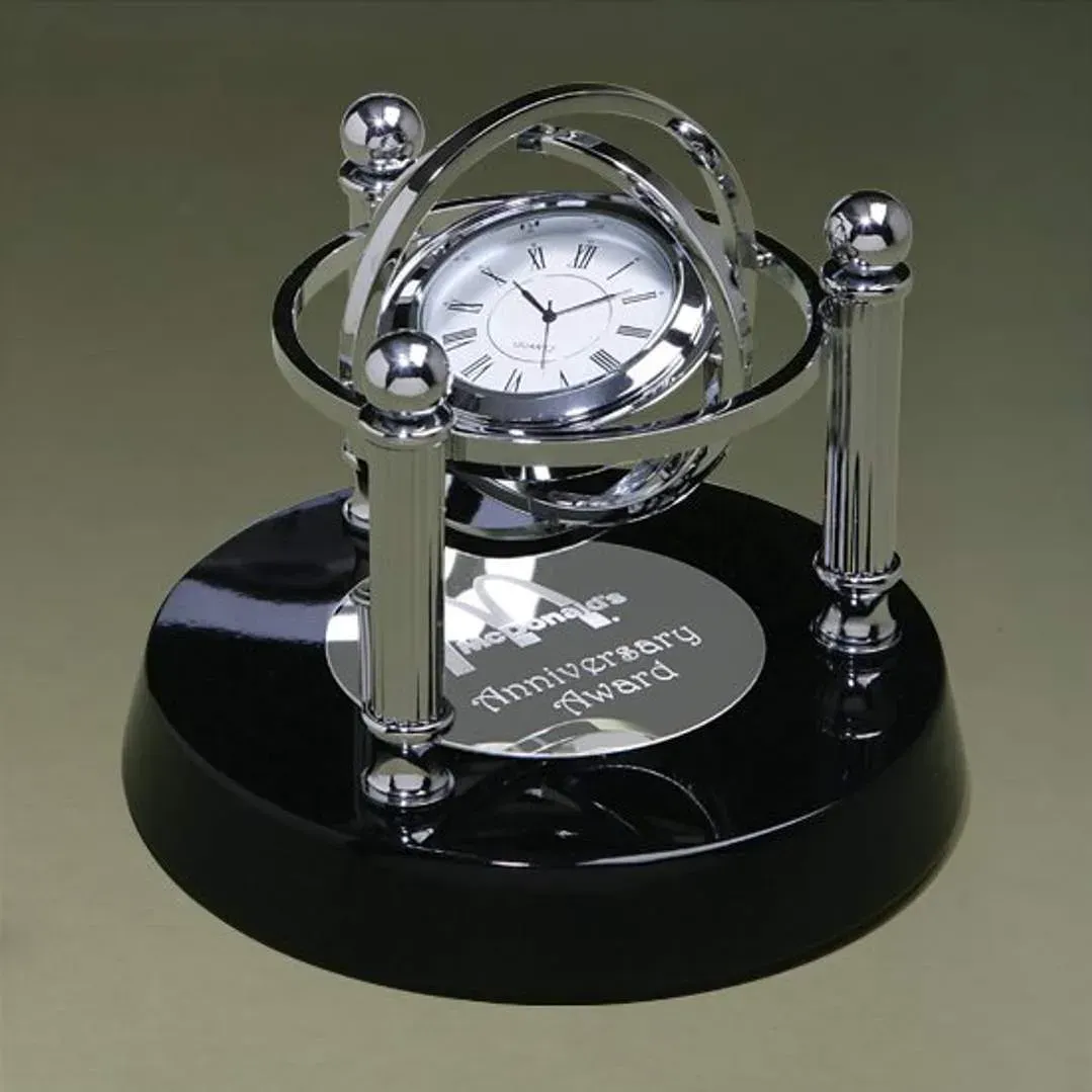 Customizable Gyroscopic Clock with Ebony Base - Corporate Promotional Gift