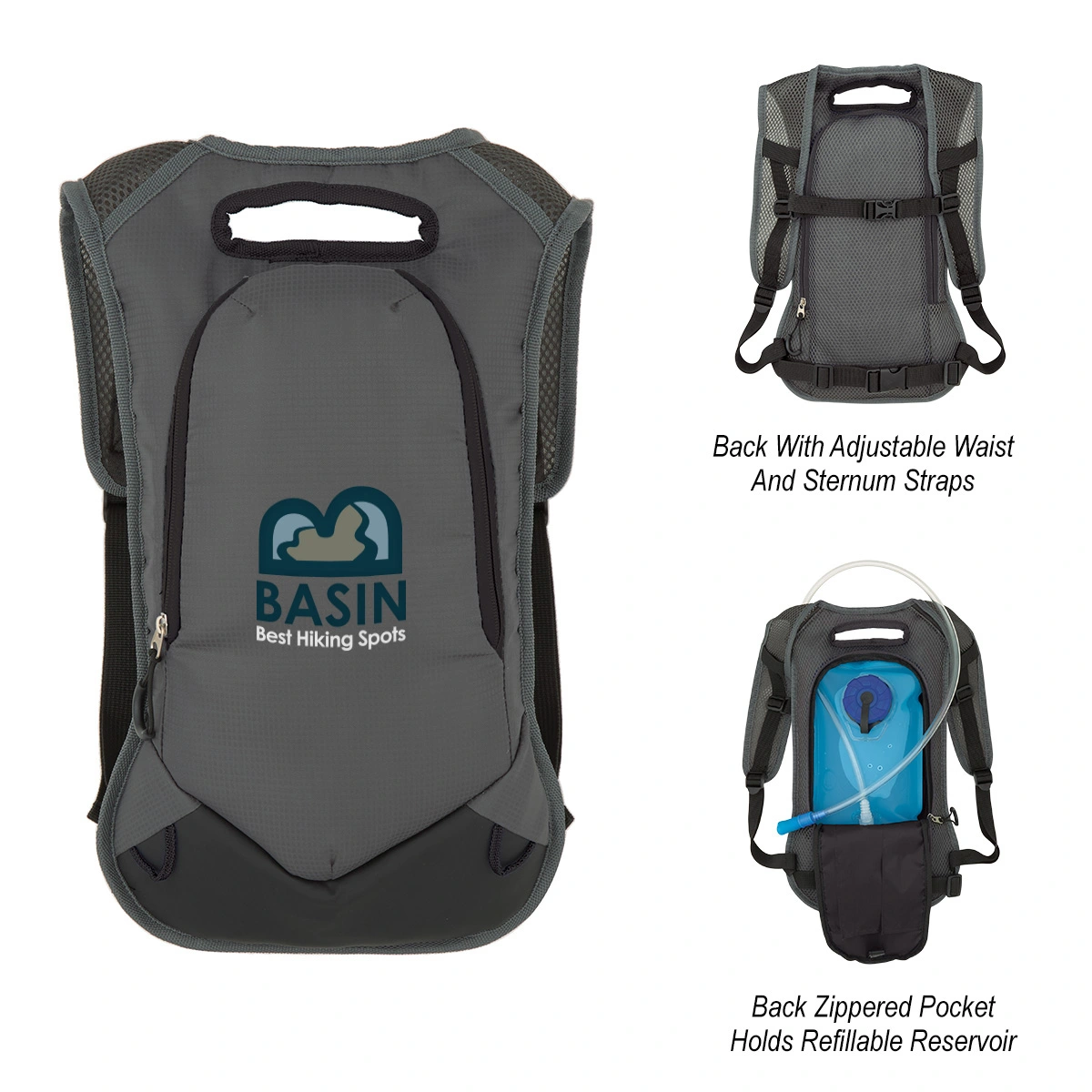 Hydration 1L Backpack for Running, Hiking, Wide Mouth Opening & Flow Tube, Zippered Pockets, Refillable Reservoir