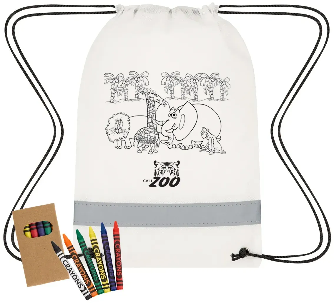 Lil' Bit Reflective Non-Woven Coloring Drawstring Bag With Crayons