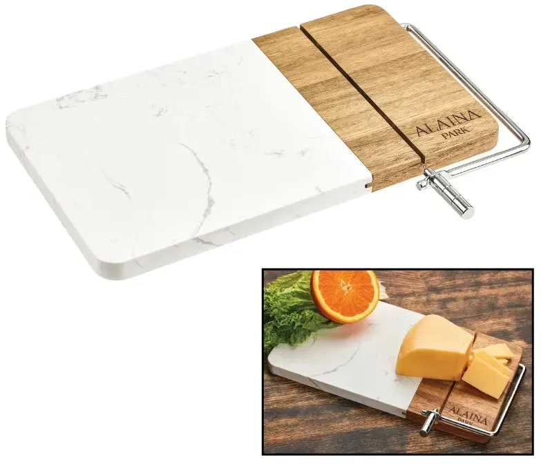 Personalized Marble Acacia Cheese Board w/ Cheese Slicer