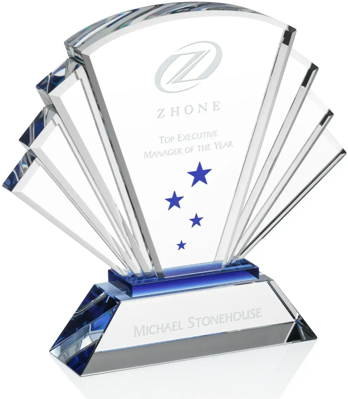 Blue Optic Crystal Customizable Award with Base - Promotional Recognition Gift