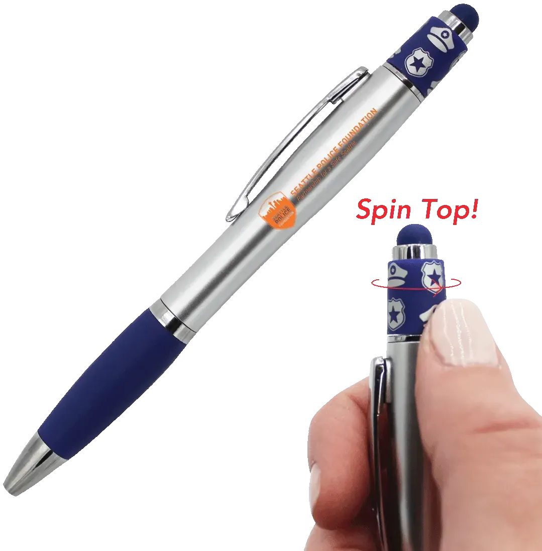 Police Spin Top Pen - Custom Branded Stylus Pen with Icon Design & Chrome Accents