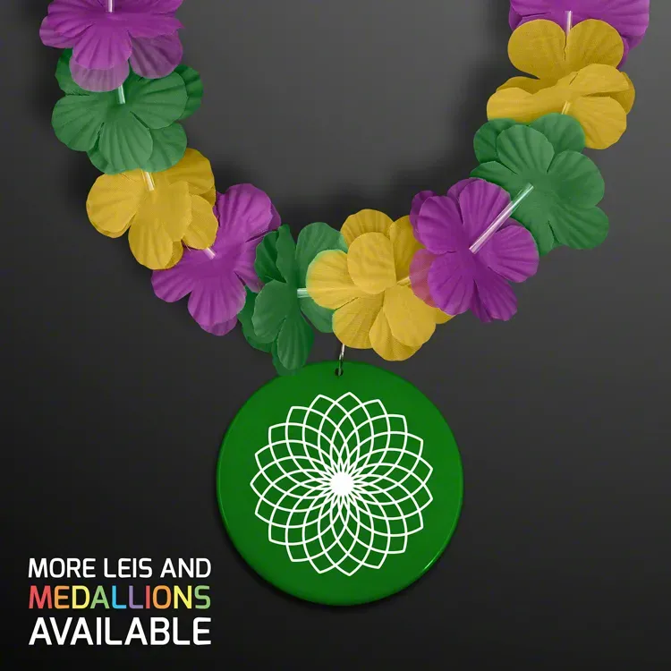 Purple, Green & Gold Flower Lei with Custom Medallion (Non-Light Up)
