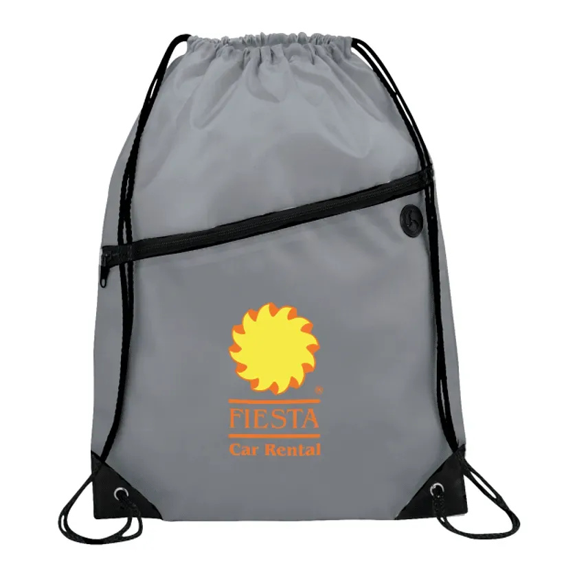 Custom Robin Drawstring Polyester Bag with Front Zipper Pocket and Earbud Port