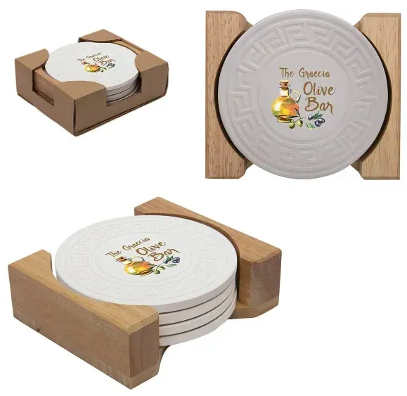 Round Greek Key Absorbent Stone Coaster Set
