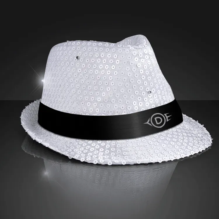 Sequin White Flashing Fedoras with Black Bands