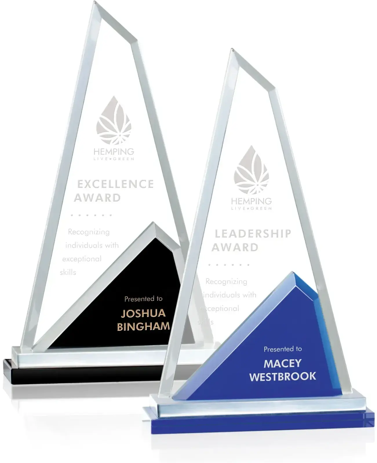 Starfire Double Base Custom Awards with Aluminum Accent - Clear/Grey or Clear/Blue or Clear/Grey with Second Position Etch