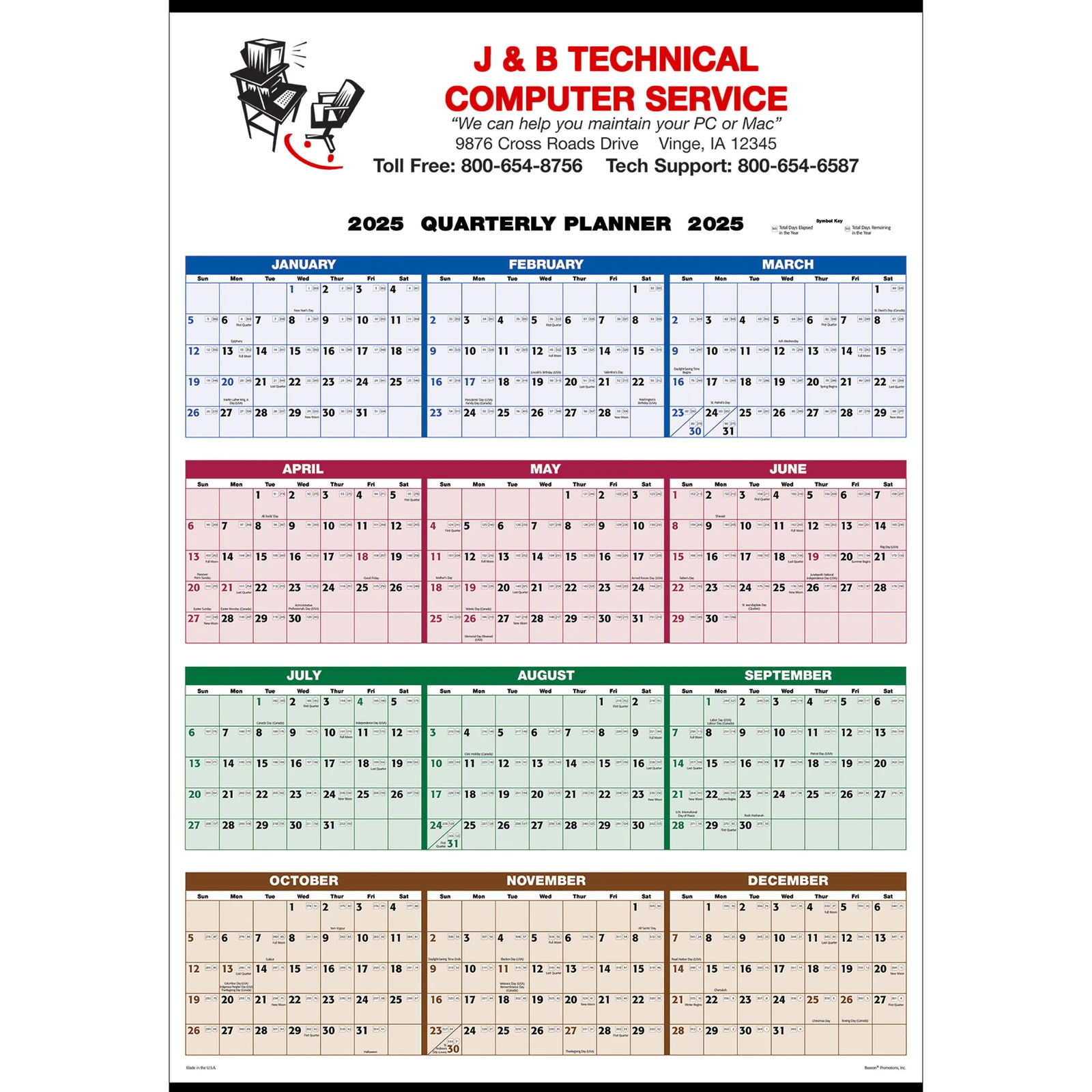 Single Sheet Wall Calendar - 4-Color Quarterly Full Year View: 2+ Colors 2025