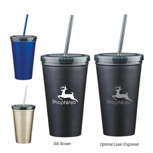 16 Oz. Stainless Steel Double Wall Tumbler With Straw