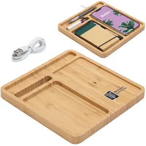 Personalized Bamboo Desk Organizer with 5W Wireless Charger