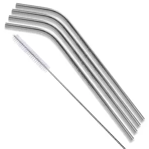 Bent Stainless Steel Straws: Set of 4 in Silver