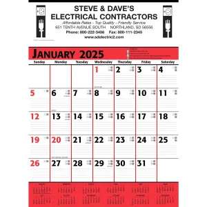 Commercial Planner Wall Calendar: Red & Black 2025, 1 Color Imprint