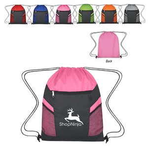 Drawstring Bag with Zippered Front Pockets