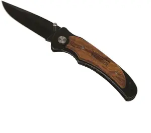 Customizable Logo Pocket Knife with Lock-Back Blade, Black Stainless Steel and Wood Trim (7.5" x 1.25")