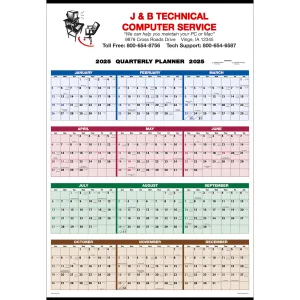 Single Sheet Wall Calendar - 4-Color Quarterly Full Year View: 2+ Colors 2025