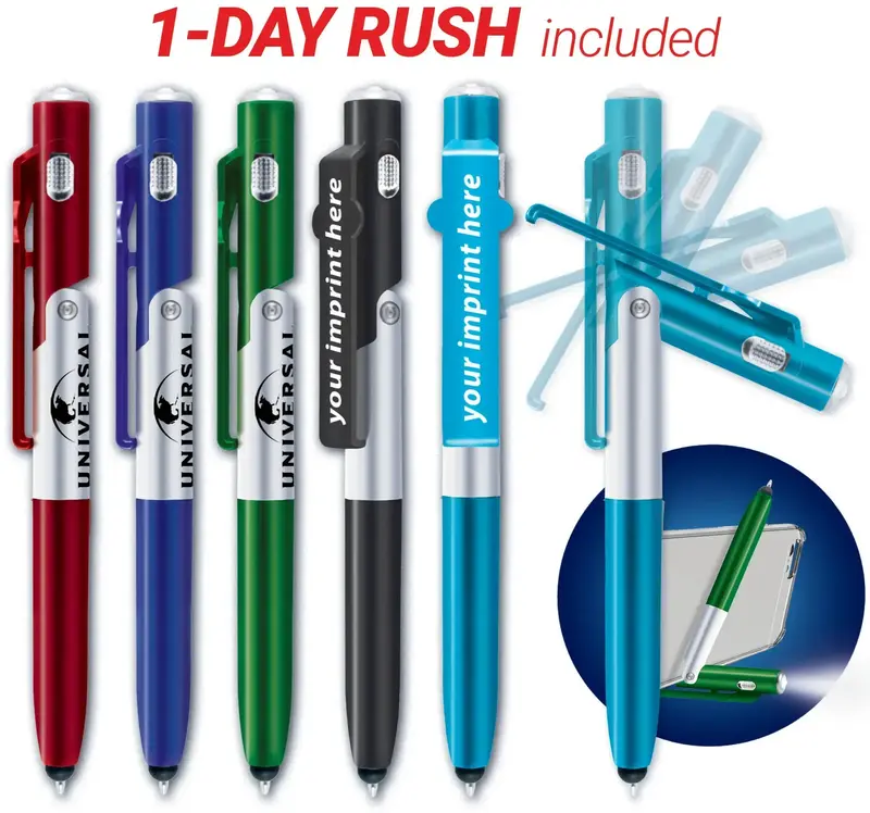 Multi-Function Rush Pen with Stylus & Flashlight for Phone Stand - Custom Imprinted Promotional Pen