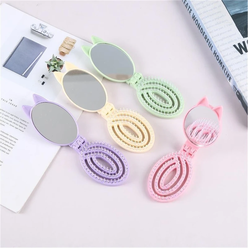 2 in 1 Cat-Ear Shape Hollow Foldable Mirror Comb
