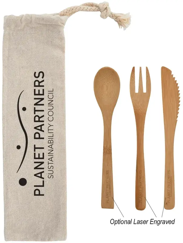 3 Piece Bamboo Utensil Set In Travel Pouch