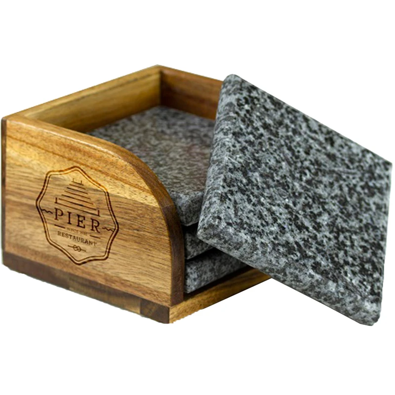 4 Pc. Granite Coaster Set with Acacia Wood Stand