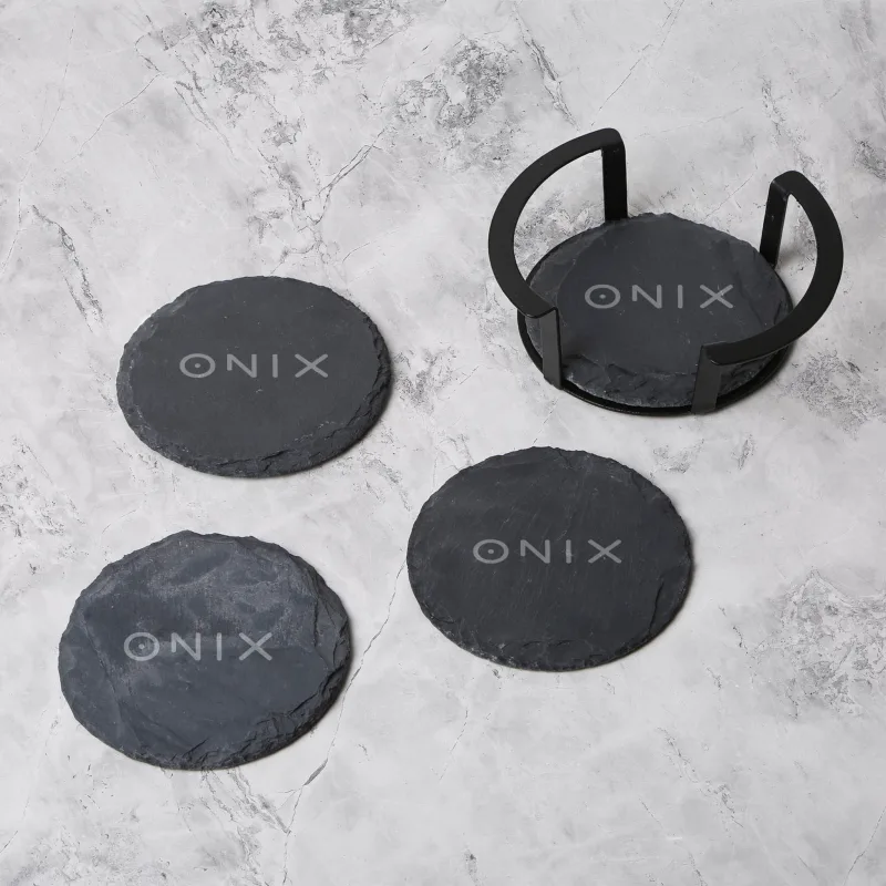 4 Pc. Round Slate Coaster Set with Black Metal Stand — view 3