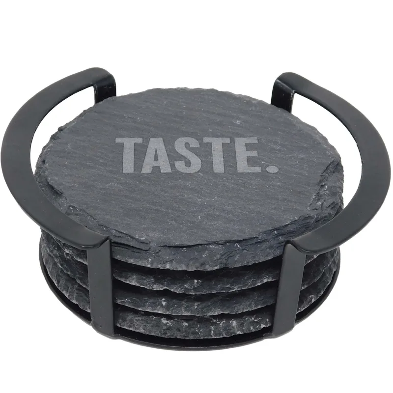 4 Pc. Round Slate Coaster Set with Black Metal Stand — view 4
