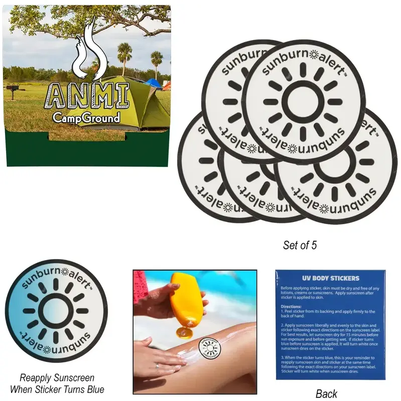 5-Pack Sunburn Alert UV Color-Changing Stickers With Custom Pack