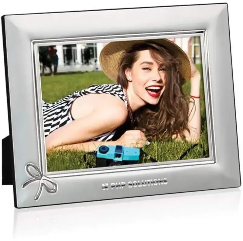 Customizable Ribbon-Embossed Promotional Frame in Silver Chrome Tones