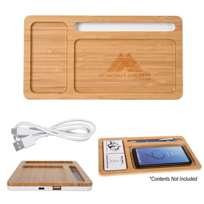 Bamboo-Designed Desktop Wireless Charger and Organizer