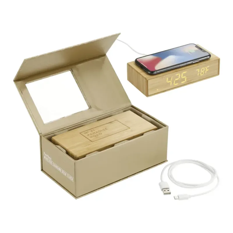 Custom Bamboo Desk Clock with Wireless Charging Feature — view 12