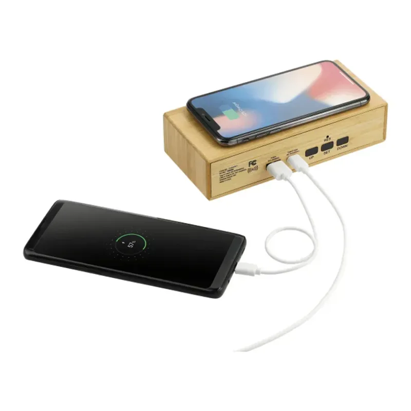 Custom Bamboo Desk Clock with Wireless Charging Feature — view 2