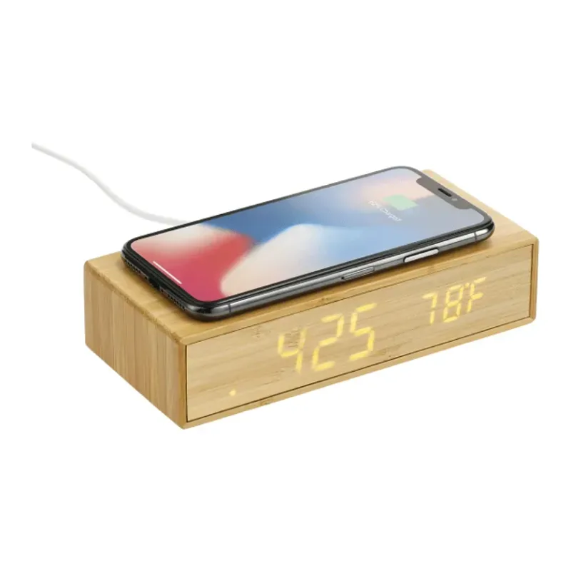 Custom Bamboo Desk Clock with Wireless Charging Feature — view 4