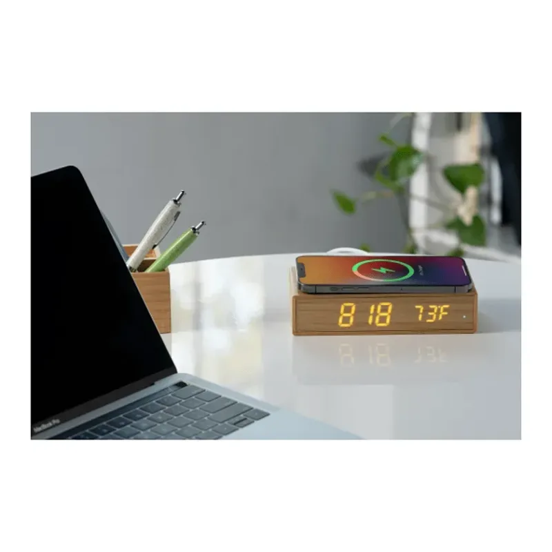 Custom Bamboo Desk Clock with Wireless Charging Feature — view 5
