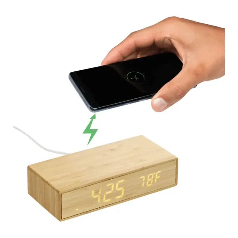 Custom Bamboo Desk Clock with Wireless Charging Feature — view 7