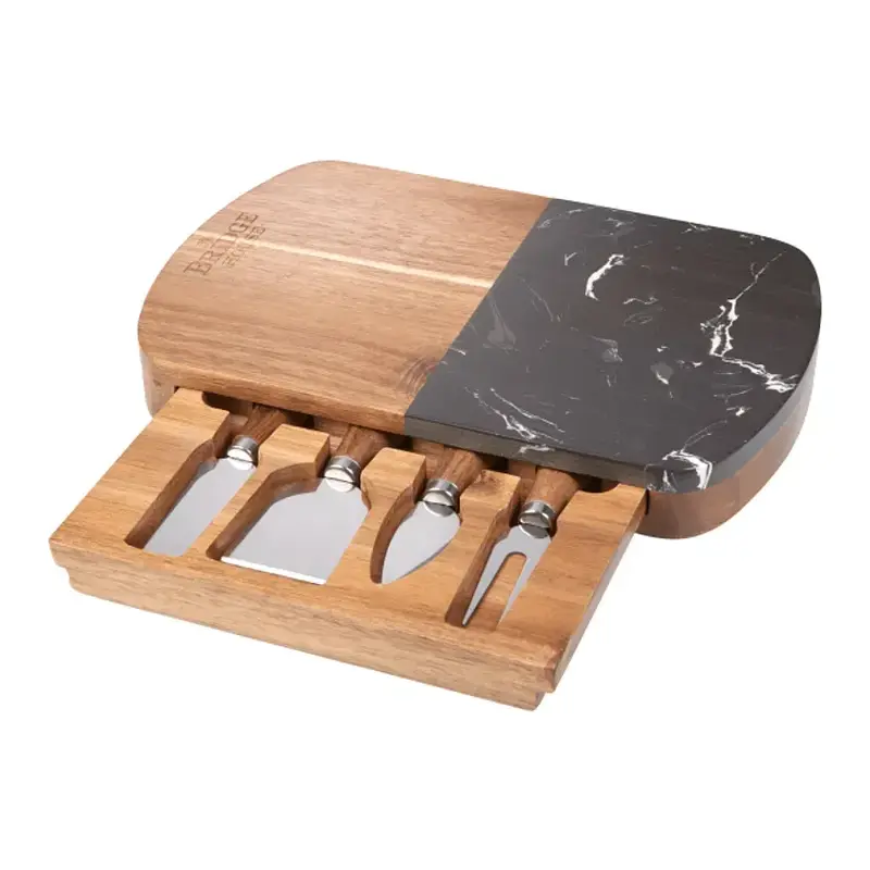 Personalized Black Marble and Acacia Cheese Board Set with Knives