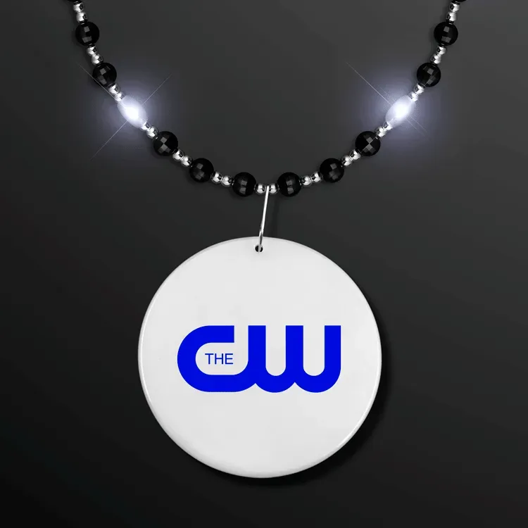 Black Tie Light Beads - White LEDs, Black & Silver Beads with White Medallion