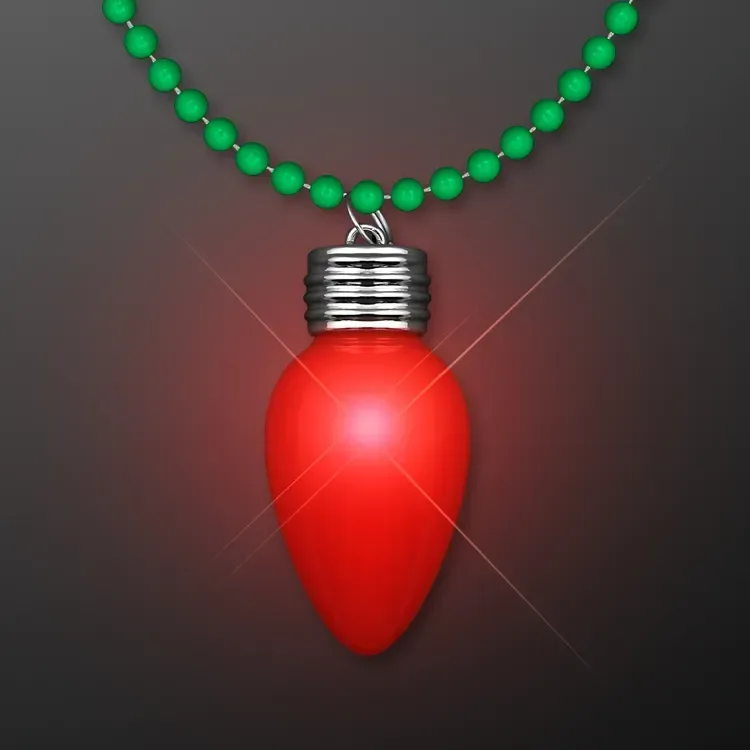 Blinking Red Bulb Christmas Charm on Green Beads — view 2
