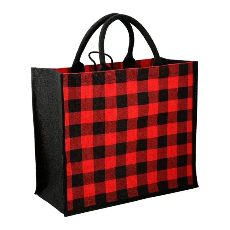 Buffalo Plaid Printed Jute Tote — view 2