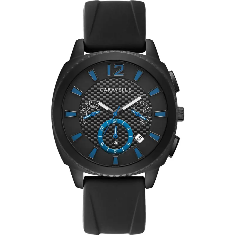 Bulova 45B159 Caravelle Men's Strap from the Sport Collection- Black Leather with Blue Details