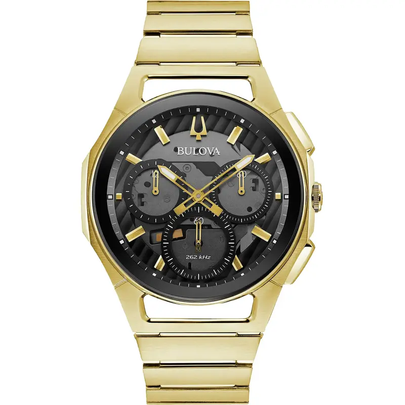 Bulova 97A144 Men's CURV Chronograph Gold Bracelet & Black Dial