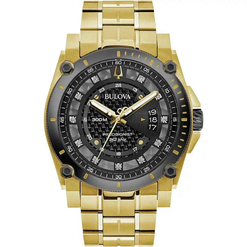 Bulova 98D156 Men's Precisionist Gold Bracelet with Black Dial & Diamonds