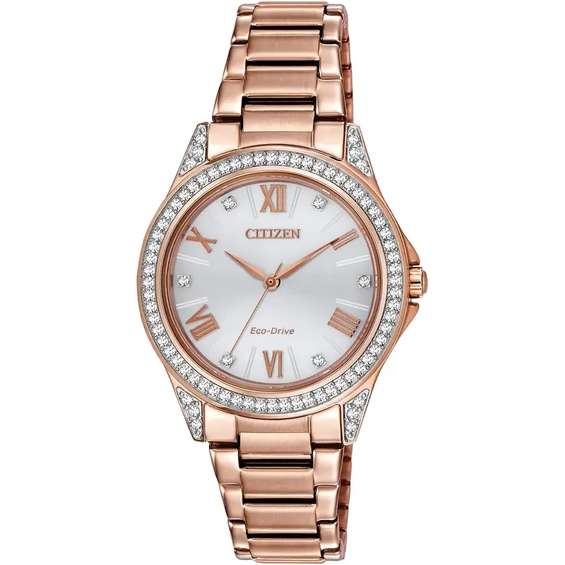 Citizen EM023351A Ladies' Drive Watch, Pink Gold-tone, Silver Dial with Swarovski Crystals